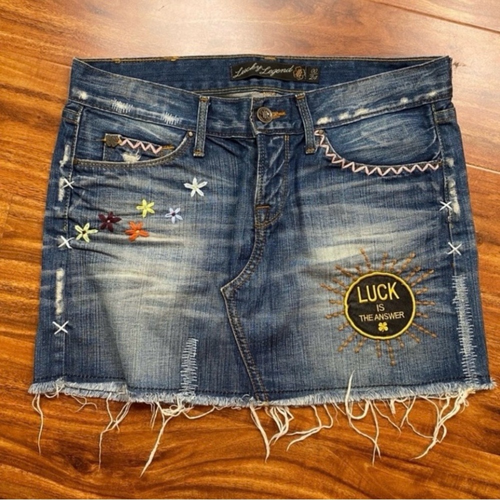 Lucky Brand Y2K Zoe Embroidered Patchwork Denim Mini Skirt Size 00 Boho Western - Picture 1 of 16